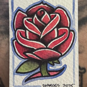 Cartão ACEO de rosa flash para tatuagem – Mini arte pintada à mão – Arte original de tatuador – Presente de arte sombria – Colecionável flash