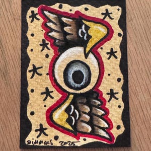 Cartão ACEO para tatuagem Flash Flying Eye – Mini arte pintada à mão com olho – Arte original do tatuador – Presente de arte sombria – Flash colecionável