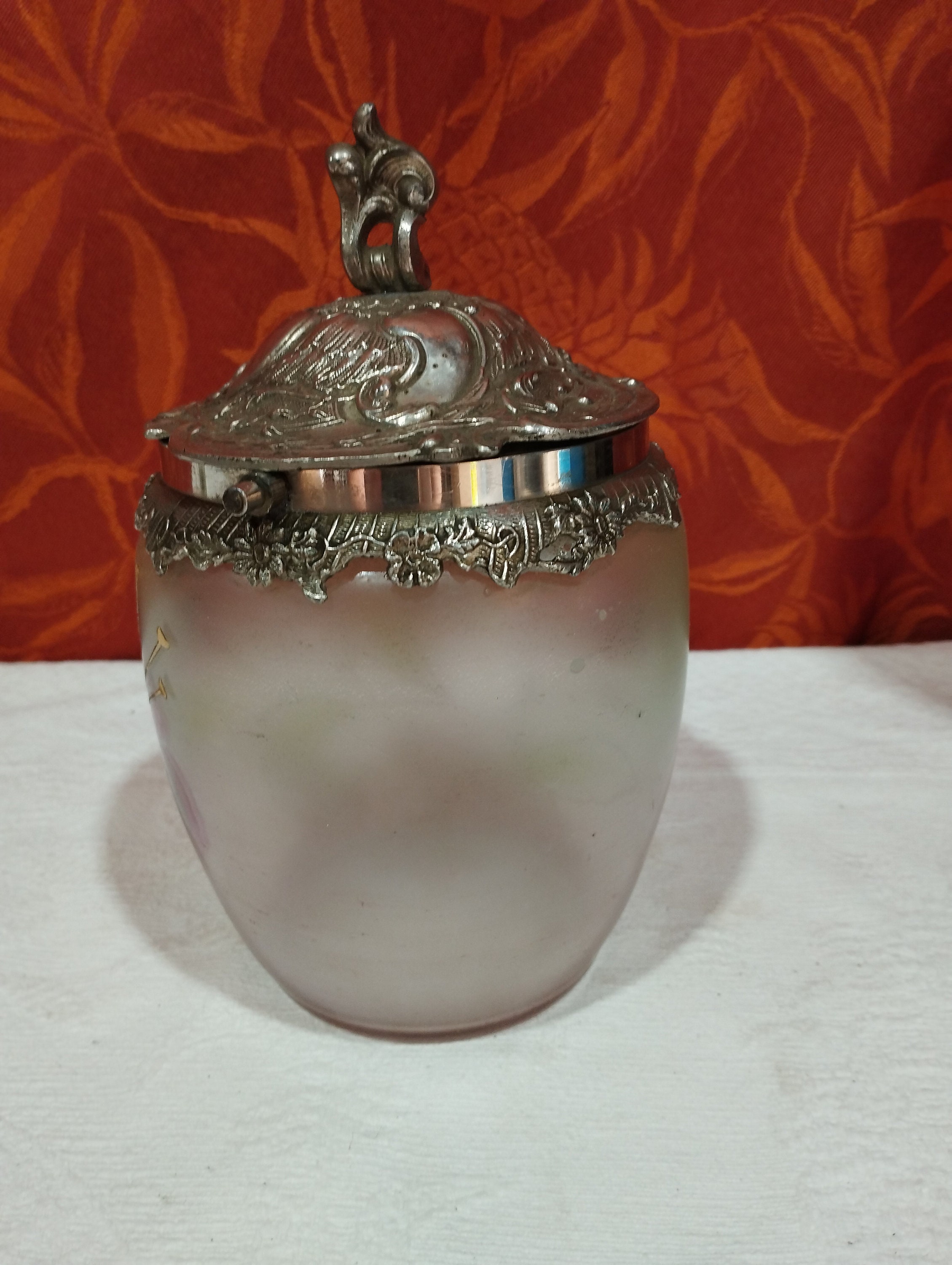Ancien Pot à Biscuits En Verre Et étain – Décor Floral, Vintage