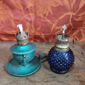 lot of two old small oil or kerosene lamps in enamelled sheet metal and glass