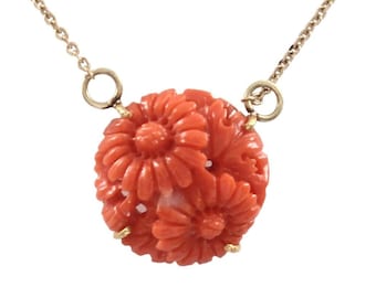 Natürliche seltene AAA japanische Koralle Blume geschnitzte Anhänger Halskette in 18k solidem Gelbgold Schmuck Geschenk für Frau Vintage Coral Schmuck