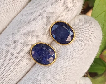 Natural Blue Sapphire Oval Shape Stud Earrings in 18k Solid Yellow Gold For Women Minimalist Earrings Handmade Earrings September birthstone
