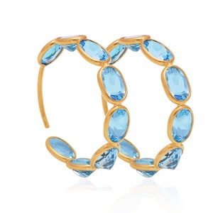 Natural Swiss Blue Topaz Hoop Earrings in 18k Solid Yellow Gold Oval Shape Blue Topaz Gemstone Topaz Gemstone Hoop Earring, Birthday Gifts