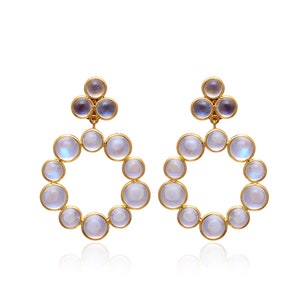 Natural Rainbow Moonstone Statement Earrings in 18k Solid Yellow Gold Women Round Moonstone June Birthstone Bridesmaid Earrings