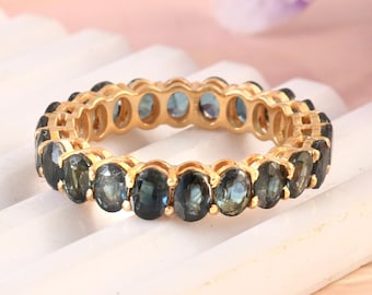 Anello dell'eternità con zaffiro blu turchese naturale, fascia in oro massiccio 14k o 18k con zaffiro verde turchese taglio ovale, fede nuziale, anello impilabile, anello abbinato