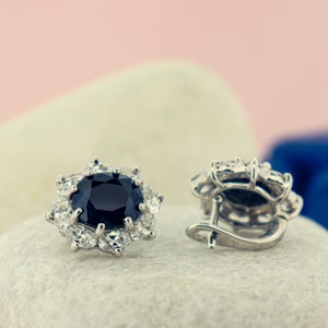 Natural Oval Shape Blue Sapphire & Cubic Zirconia Earrings in 925 Sterling Silver Halo sapphire earring bridal earrings