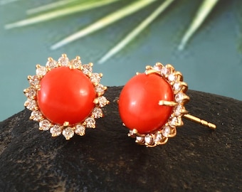 Pendientes de oro amarillo macizo de 18 k con diamantes y coral japonés Momo, raros y redondos, con cabujón natural, joyas de coral rojo para mujer, regalos para damas de honor
