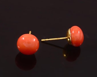 Natural Rare Japanese Momo Coral Button Stud Earrings 18k Solid Yellow Gold Women Small Earrings Minimalist Earrings Coral Gemstone Earrings