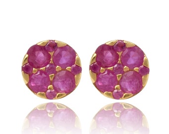 Natural Burma Ruby Stud Earrings in 18k Solid Yellow Gold For Women Ruby Tops Round Shape Ruby July Birthstone