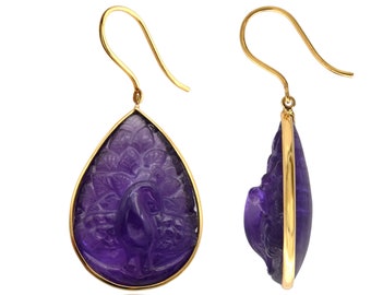Natürliche Amethyst Birne geschnitzte Statement Ohrringe in 18 Karat solidem Gelbgold für Frauen schöne Pfau geschnitzte Amethyst Februar Birthstone