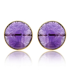 Natural Peacock Carved Amethyst Earrings in 18k Solid Yellow Gold For Women Round Carved Earrings February Birthstone
