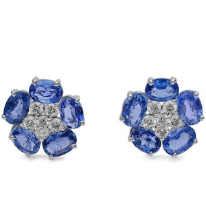 Natural Blue Sapphire & Diamond Cluster Stud Earrings in 18k Solid White Gold Flower Earring September Birthstone Earring Gifts for Her