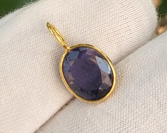 Natural Iolite Oval Pendant in 18k Solid Yellow Gold Dainty Pendant For Women Minimalist Small Pendant September Birthstone