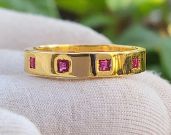 Anello taglio principessa, anello con rubino naturale, anello di fidanzamento in oro massiccio 18 carati, anello da donna, anello con pietra portafortuna, anello solitario, regali per il tuo amore