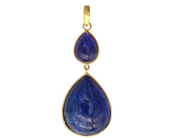 Natural Tanzanite Pear Cabochon Two Stone Pendant in 18k Solid Yellow Gold For Women Teardrop Pendant December Birthstone