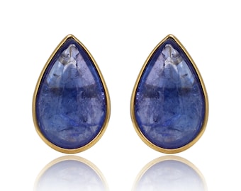 Natural Tanzanite Pear Shape Stud Earrings in 18k Solid Gold For Women Bezel Setting Earrings December Birthstone  Tanzanite Jewellery