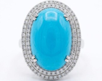 Natural Top Quality Turquoise Statement Ring, Diamond Halo Ring, 18K White Gold Cocktail Ring, Oval Turquoise Ring, Fine Jewelry