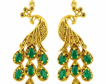 Emerald Peacock Earrings in 18K Gold | Vintage Peacock Dangle Earrings | Pear Cut Emerald Gemstone Earrings | Art Deco Statement Jewelry