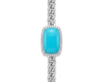 Natural Turquoise Cuban Link Bracelet, Diamond Halo Bracelet, 18K White Gold Bracelet, Turquoise Statement Jewelry, Luxury Fine Jewelry Gift