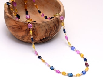 Natural Multi Sapphire Necklace, Multi Sapphire Jewelry, In 18k Solid Gold Multi Sapphire Necklace, Handmade Necklace Gift For Her