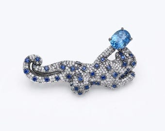 Panther Brooch Pin with Blue Topaz, Sapphire & Diamond Accents, Handmade Silver Panther Jewelry, Luxury Animal Brooch,Statement Fine Jewelry