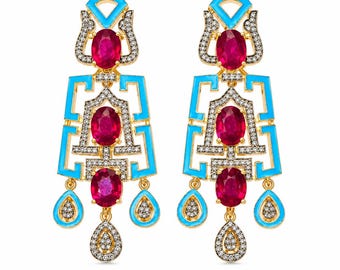 Ruby Diamond Silver Earrings, Luxury Gemstone Dangle Earrings, Geometric Statement Jewelry, Colorful Fine Jewelry Gift for Her