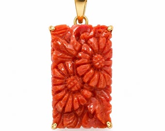 Natural Japanese Momo Coral Rectangular Flower Carved Pendant in 18k Solid Gold