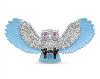 Blue Owl Brooch Pin, Diamond Pave Owl Brooch, Blue Enamel Owl Pin, Statement Bird Brooch, Animal Jewelry, Collectible Owl Jewelry Gift