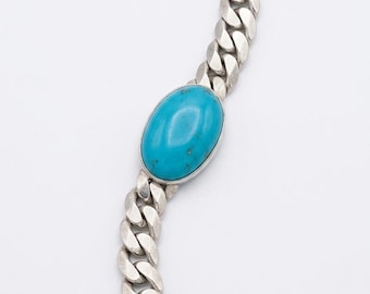 Natural Turquoise Chain Bracelet, 925 Sterling Silver Bracelet, Oval Turquoise Statement Bracelet, Handmade Gemstone Jewelry, Gift for Her
