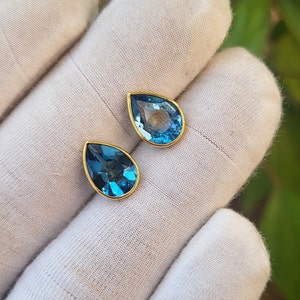 Natural Pear Shape Blue Topaz Stud Earrings in 18k solid Yellow Gold For Women Minimalist Earrings Solitaire Earrings Handmade Earrings