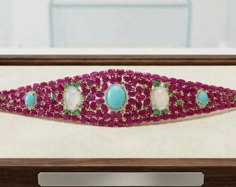 Ruby Turquoise Moonstone Emerald Diamond Bracelet 925 Sterlin Silver Multicolor Gemstone Statement Jewelry, Luxury Fine Jewelry Gift for Her