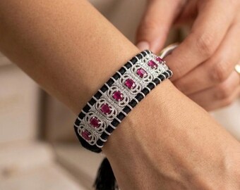 Natural Ruby Diamond Bracelet, 10 Ruby Gemstones, Black Cord Bracelet, Adjustable Gemstone Jewelry, Luxury Gift for Her