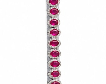 Natural Ruby & Diamond Tennis Bracelet, 14 Oval Ruby Gemstones, Handmade Silver Bracelet, Adjustable Chain Clasp, Fine Gemstone Jewelry Gift