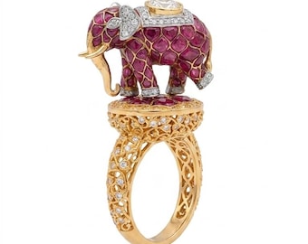 18K Gold Ruby Elephant Ring, Luxury Statement Cocktail Ring, Ruby & Diamond Elephant Jewelry, Unique Animal Ring, Fine Gold Jewelry Gift