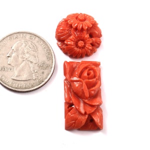 Vintage Genuine Natural Japanese Red / Orange Coral Flower Pendant / Brooch Carved Coral Loose Gemstones