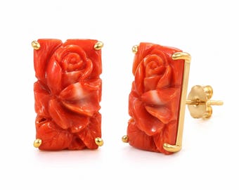 Antique Rare Japanese Carved Momo Coral Flower for Earrings in 18k Solid Yellow Gold