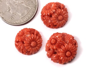 Rare  Antique Japanese Carved Momo Coral Flower for Earrings/ pendant with certification