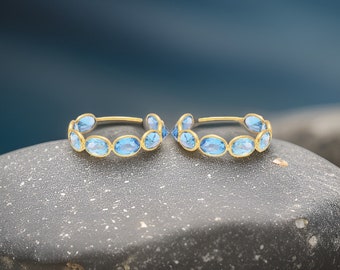 18K Gold Blue Topaz Hoop Earrings | Solid Gold Hoop Earrings | Women Jewelry Gifts | Unique Birthstone Earrings for Her | Christmas Gift