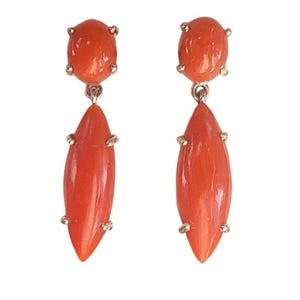 Natural Italian Coral Marquise Dangle Drop Earrings in 18k Solid Gold For Women Oval Shape Coral Earrings handmade earrings