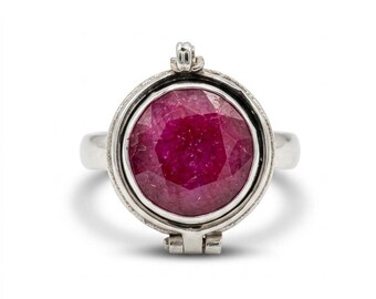 Ruby Compartment Ring, Round Red Gemstone Secret Box Ring, Sterling Silver Jewelry, Unique Statement Ring, Gift for Her