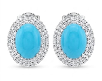Natural Turquoise Stud Earrings, Diamond Halo Earrings, 18K White Gold Earrings, Oval Turquoise Jewelry, Fine Jewelry Gift for Her