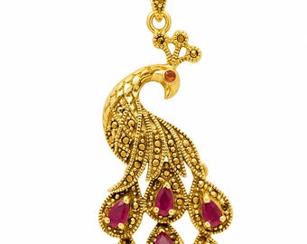 Ruby Peacock Pendant in 18K Gold | Vintage Style Peacock Necklace Charm | Pear Cut Ruby Gemstone Pendant | Statement Jewelry Gift