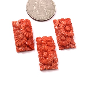 Natural Japanese Coral Rectangular Flower Carved For Pendant/Brooch/Earrings Genuine Japanese Momo Coral 3pcs Coral Loose Gemstone