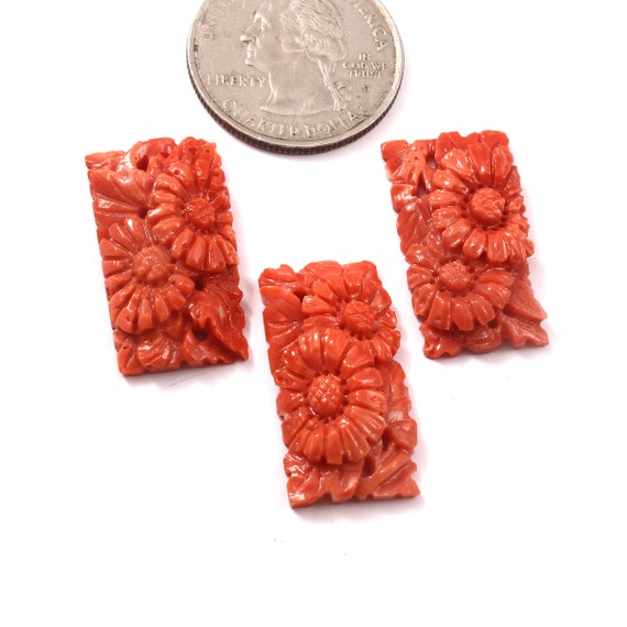 Natural Japanese Coral Rectangular Flower Carved For Pendant/Brooch/Earrings Genuine Japanese Momo Coral 3pcs Coral Loose Gemstone