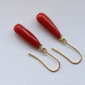 Natural Red Italian Coral Dangle Drop Earrings in 18k Yellow gold for women Teardrop Earrings  Handmade Earrings Gift for her