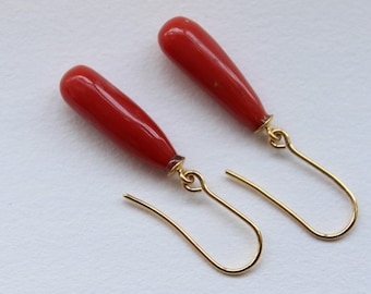 Natural Red Italian Coral Dangle Drop Earrings in 18k Yellow gold for women Teardrop Earrings  Handmade Earrings Gift for her