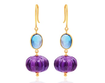 Natürliche ausgereifte Form Amethyst & Schweizer Blautopas Baumeln Tropfen Ohrringe in 18 Karat massivem Gelbgold für Frauen Oval Form Blautopas Ohrringe