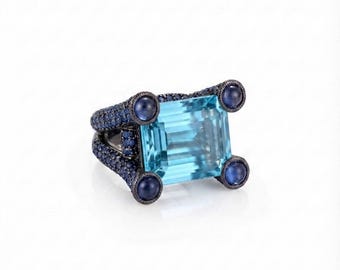 Natural Aquamarine & Blue Sapphire Ring in 18K White Gold | Emerald Cut Aquamarine Statement Ring | Fine Luxury Gemstone Jewelry
