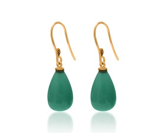 Natural Chrysoprase Dangle Drop Teardrop Earrings in 18k Solid Yellow gold For Women Green Gemstone Earrings May Birthstone