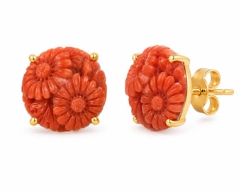Rare  Antique Japanese Carved Momo Coral Flower Earrings in 18k Solid Gold